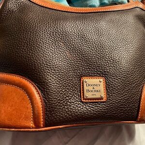 Dooney & Bourke Dark Brown Pebbled Leather Shoulder Bag with Tan Trim